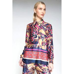 VILAGALLO Irina Print Shirt Button Up Long Sleeves Sz 36 Navy Pink Beige Blouse